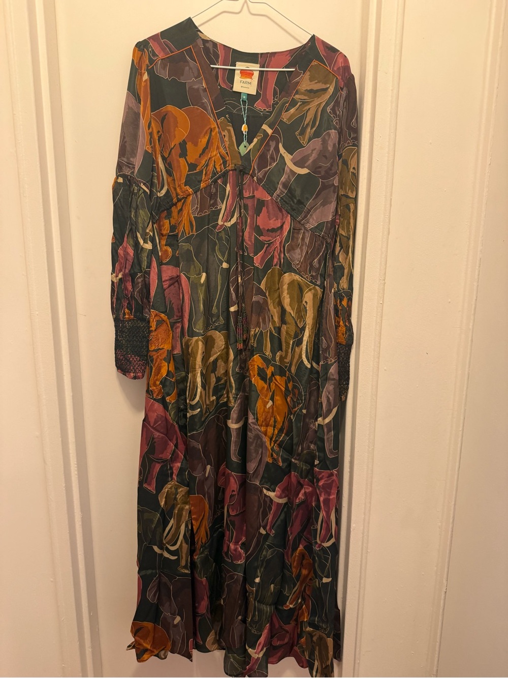 Farm Rio Boho Elephant Print Maxi Dress in Olive, Mustard & Plum